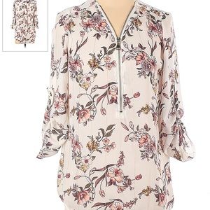 UK2LA White Floral Print and Striped Zip V-neck Blouse Size XL-gently used